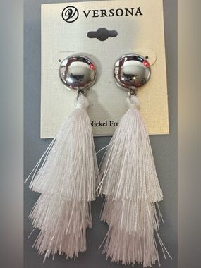 Versona Silver-Top Cream Tiered Tassel Earrings boho summer statement